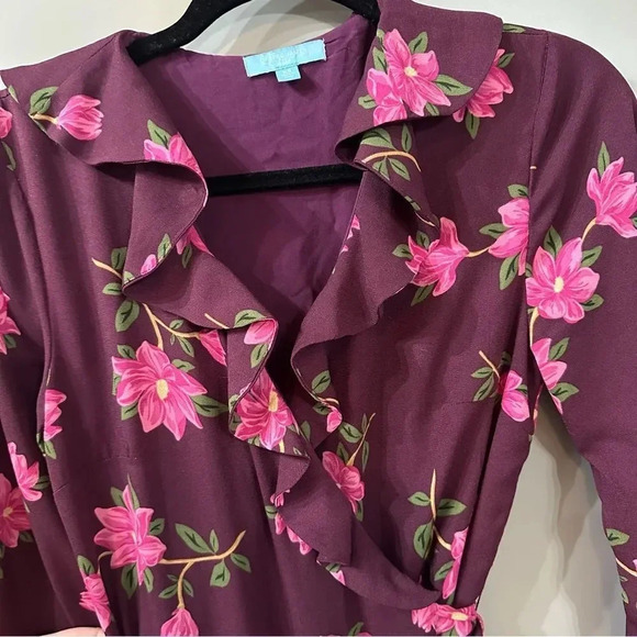 Draper James RSVP Plum Multicolor Floral Ruffle Wrap Lined Dress Size XS - Picture 3 of 7